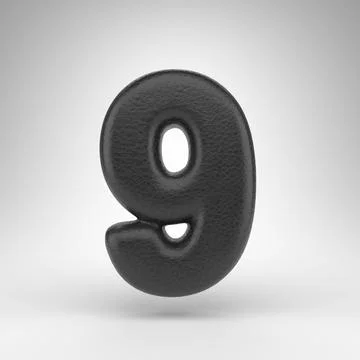 Number 9 on white background. Black leather 3D number with skin texture. Ilustración de archivo