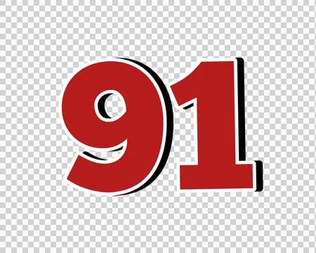 Number 91 Bold Red with White Outline Isolated on transparent background Stock Illustration