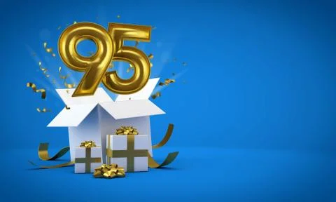 Number 95 exploding from a birthday present gift box. 3D Render Illustrazione stock