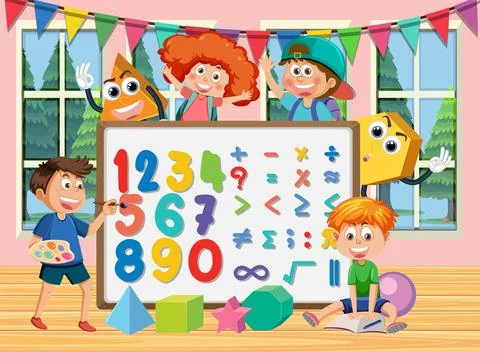 Number and math equation on whiteboard with student in classroom Stock Illustration