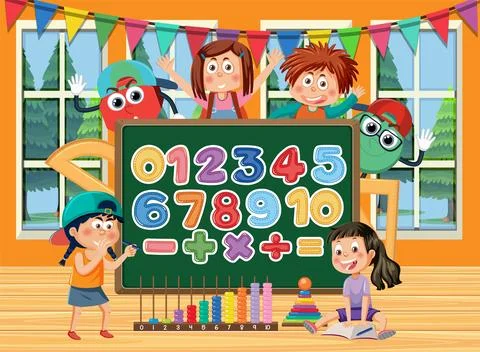 Number and math equation on whiteboard with student in classroom Stock Illustration