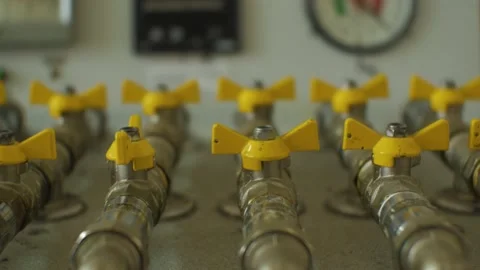 A number of ball valves on the installation Stock Footage 156469439
