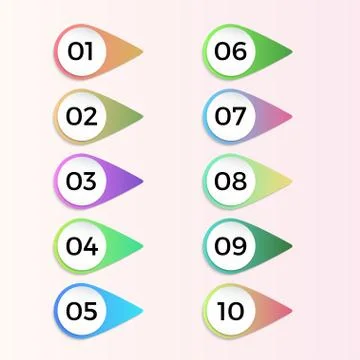 Number bullet pointers 3d gradient markers 1 to 10. Vector set for design Ilustración de archivo
