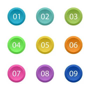 Number Bullet Points Flat Circle button set on white background. Colorful col Stock Illustration