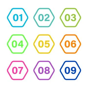 Number Bullet Points Flat hexagon set on white background. Colorful color wit Stock Illustration