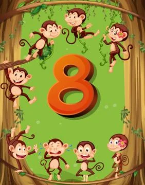 Number eight with 8 monkeys on the tree Illustrazione stock