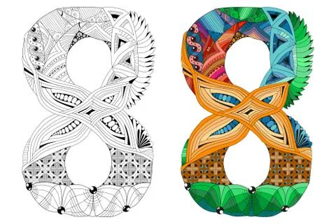 Number eight zentangle for coloring. Vector decorative object Ilustração Stock