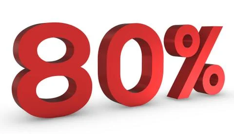 Number Eighty Percent 80% Red Sign 3D Rendering Isolated on White Background Illustrazione stock