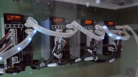 A number of electronic blocks control the operation of industrial equipment Video stock 98225426