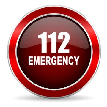 Number emergency 112 red circle glossy web icon, round button with metallic b Stock Illustration
