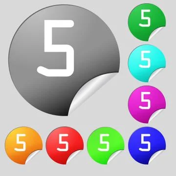 Number five icon sign. Set of eight multi colored round buttons, stickers. Ve Stock Illustration