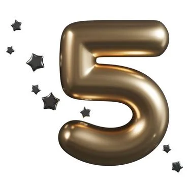 Number five is shown in a shiny metallic finish. Stars are placed around it.  Stock Photos