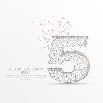 Number five starry sky or space low poly wire frame on white background. Stock Illustration