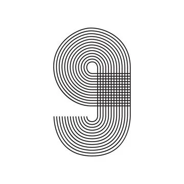 Number nine 9 linear in black thin striped lines isolated on white backgrou.. Stock Illustration