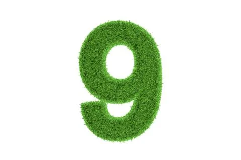 Number nine with green grass pattern. on white Stock Illustration