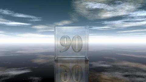 Number ninety in glass cube under cloudy sky - 3d rendering Stock Illustration