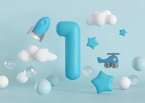 Number one on blue background, with rocket, clouds and stars. 1 Year Old. First Illustrazione stock