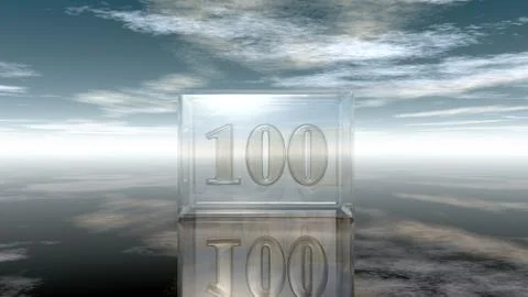 Number one hundred in glass cube under cloudy sky - 3d rendering Stock Illustration