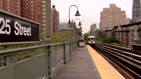 Number one subway train approaching the 125th street elevated station Manhattan Stock Footage 49224126