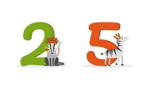 Number or Numeral with Cute Raccoon and Zebra Animal with Feathered Band and Stock Illustration