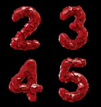 Number plastic set 2, 3, 4, 5 made of 3d render plastic shards red color. Stock-Illustration