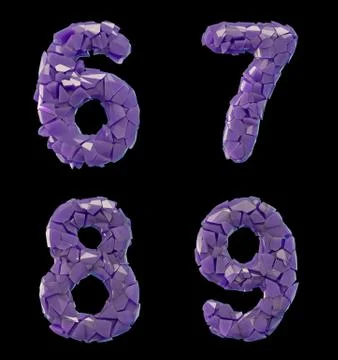 Number plastic set 6, 7, 8, 9 made of 3d render plastic shards purple color. Stock Illustration
