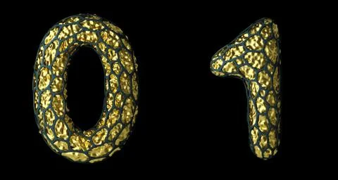 Number set 0, 1 made of realistic 3d render golden shining metallic. Stock Illustration