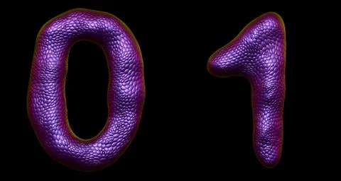 Number set 0, 1 made of realistic 3d render purple color. Collection of natural Stock Illustration
