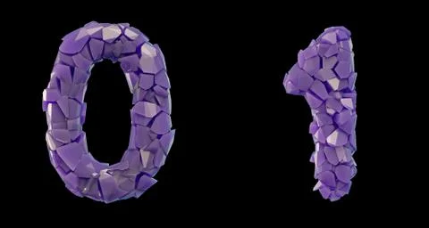 Number set 0, 1 made of 3d render plastic shards purple color. Stock Illustration