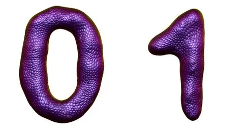 Number set 0, 1 made of realistic 3d render purple color. Collection of natural Stock Illustration