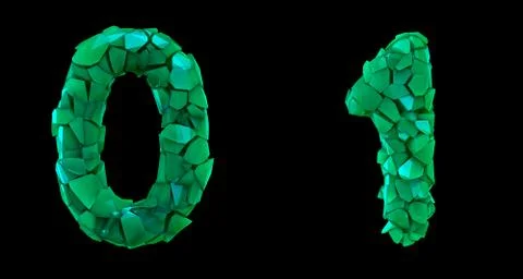 Number set 0, 1 made of 3d render plastic shards green color. Stock Illustration