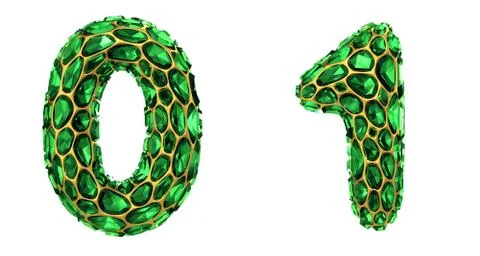 Number set 0, 1 made of 3d render diamond shards green color. Stock Illustration