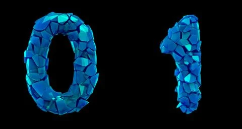 Number set 0, 1 made of 3d render plastic shards blue color. Illustrazione stock