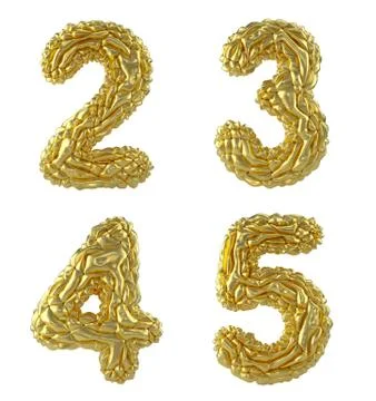 Number set 2, 3, 4, 5 made of crumpled foil. Collection symbols of crumpled gold Stock-Illustration