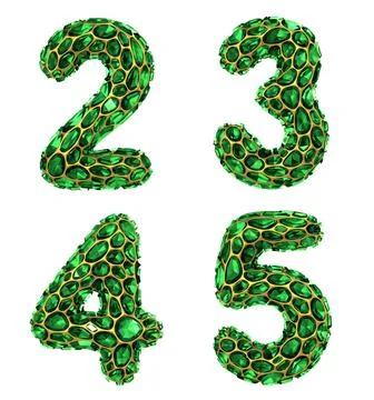 Number set 2, 3, 4, 5 made of 3d render diamond shards green color. Illustrazione stock