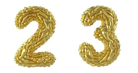 Number set 2, 3 made of crumpled foil. Collection symbols of crumpled gold foil Stock-Illustration