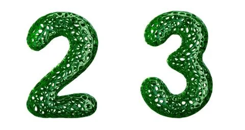 Number set 2, 3 made of green plastic 3d rendering Illustrazione stock
