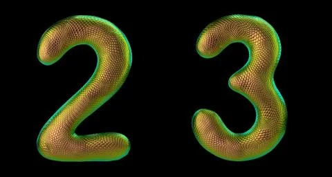 Number set 2, 3 made of realistic 3d render gold color. Collection of natural Stock-Illustration