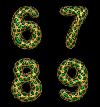 Number set 6, 7, 8, 9 made of realistic 3d render golden shining metallic. Stock Illustration