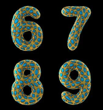 Number set 6, 7, 8, 9 made of realistic 3d render golden shining metallic. Stock-Illustration