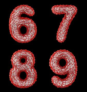 Number set 6, 7, 8, 9 made of red plastic 3d rendering Stock Illustration