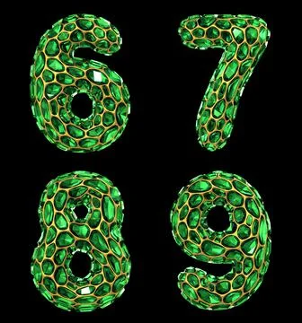 Number set 6, 7, 8, 9 made of 3d render diamond shards green color. Illustrazione stock