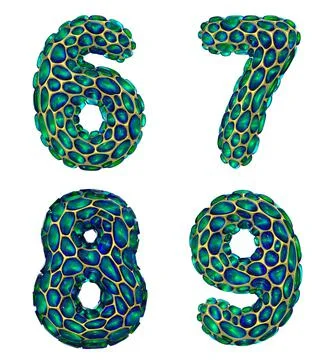 Number set 6, 7, 8, 9 made of realistic 3d render golden shining metallic Stock-Illustration
