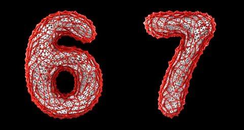 Number set 6, 7 made of red plastic 3d rendering Stock Illustration