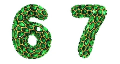 Number set 6, 7 made of 3d render diamond shards green color. Stock Illustration