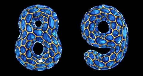 Number set 8, 9 made of 3d render diamond shards blue color. Illustrazione stock