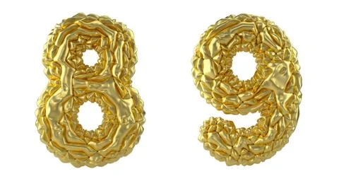 Number set 8, 9 made of crumpled foil. Collection symbols of crumpled gold foil Stock-Illustration