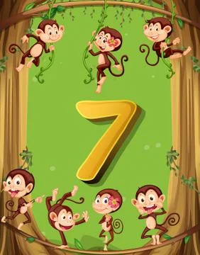 Number seven with 7 monkeys on the tree Illustrazione stock