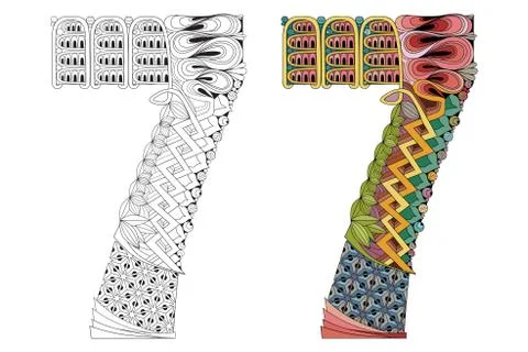 Number seven zentangle for coloring. Vector decorative object Ilustração Stock