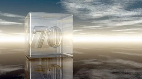 Number seventy in glass cube under cloudy sky - 3d rendering Stock Illustration